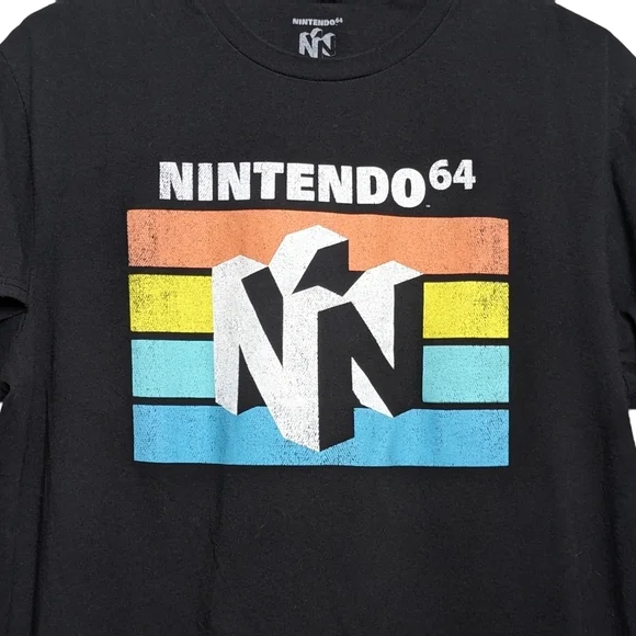 Nintendo 64 Black T-Shirt N64 Logo Over Stripes Men's Large Vintage Look EUC - Picture 1 of 5